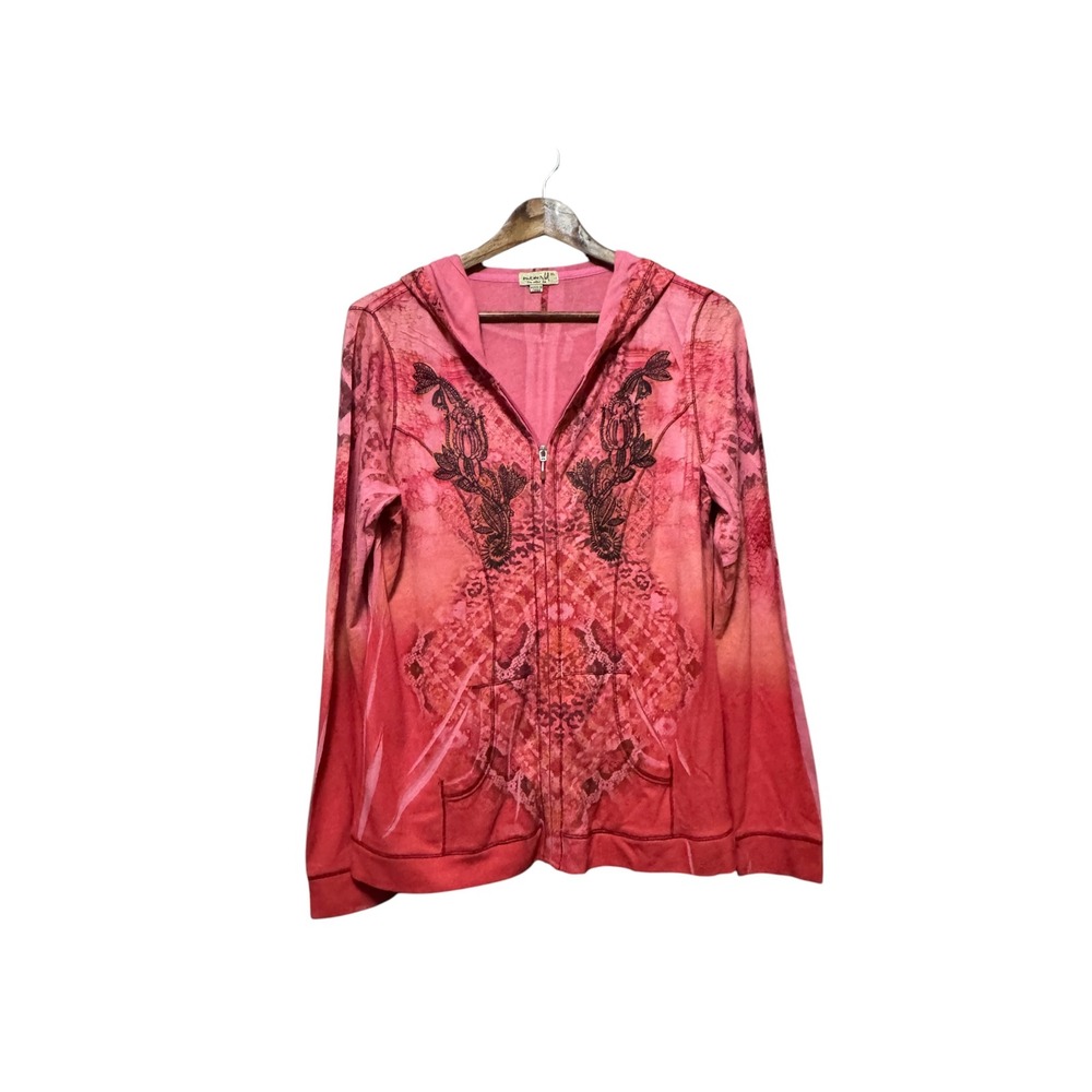 One World Hoodie Women XL Pink Red Excellent Ombre Embroidered Zip Up Boho
